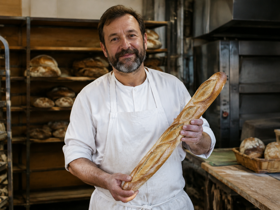 Artisan en tablier blanc tient une baguette croustillante
