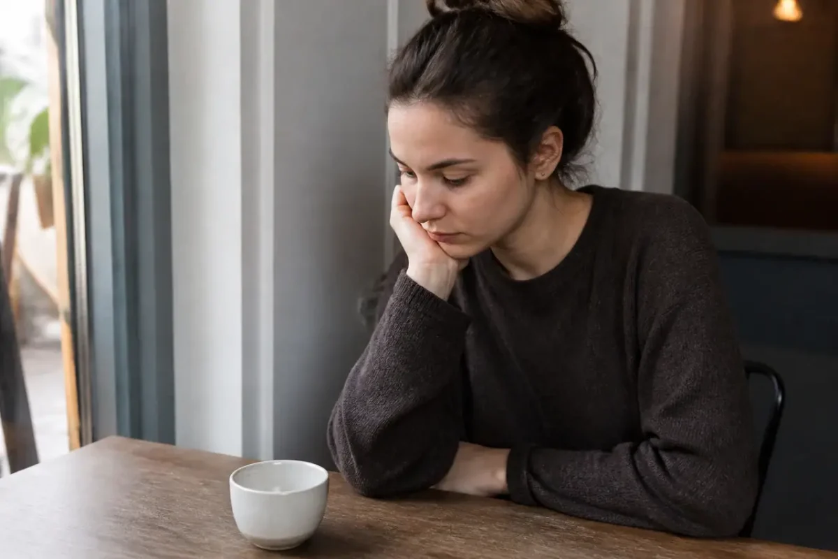 Jeune femme assise seule devant une tasse vide