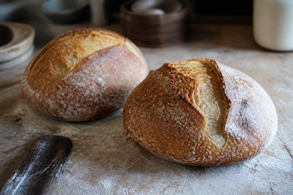 Miches de levain dorees sur plan de travail farine