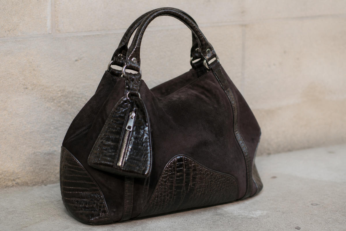 Sac cuir suede nylon finitions croco ecailles
