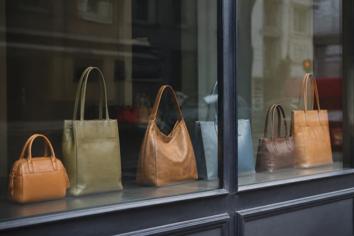 Sacs main cuir diverses tailles alignes vitrine